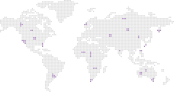 Dotted world map highlighting major cities with purple dots.