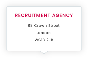 Business card of a recruitment agency in London with address details.