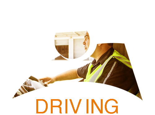 Silhouette of a driver holding a steering wheel with 'DRIVING' text.