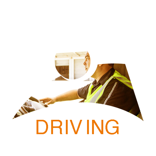Silhouette of a driver holding a steering wheel with 'DRIVING' text.