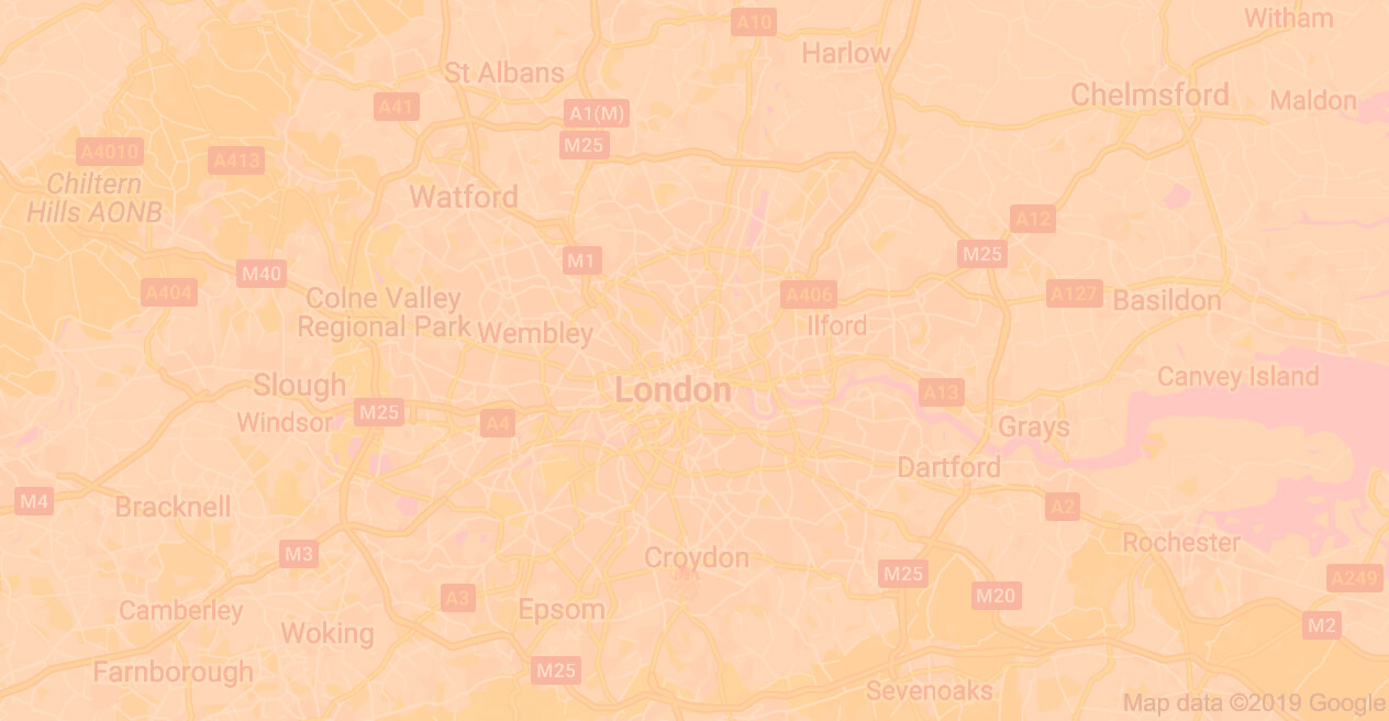 Map highlighting London and surrounding areas with major roads and towns.