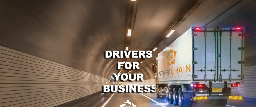 Truck driving through a tunnel with business text overlay.