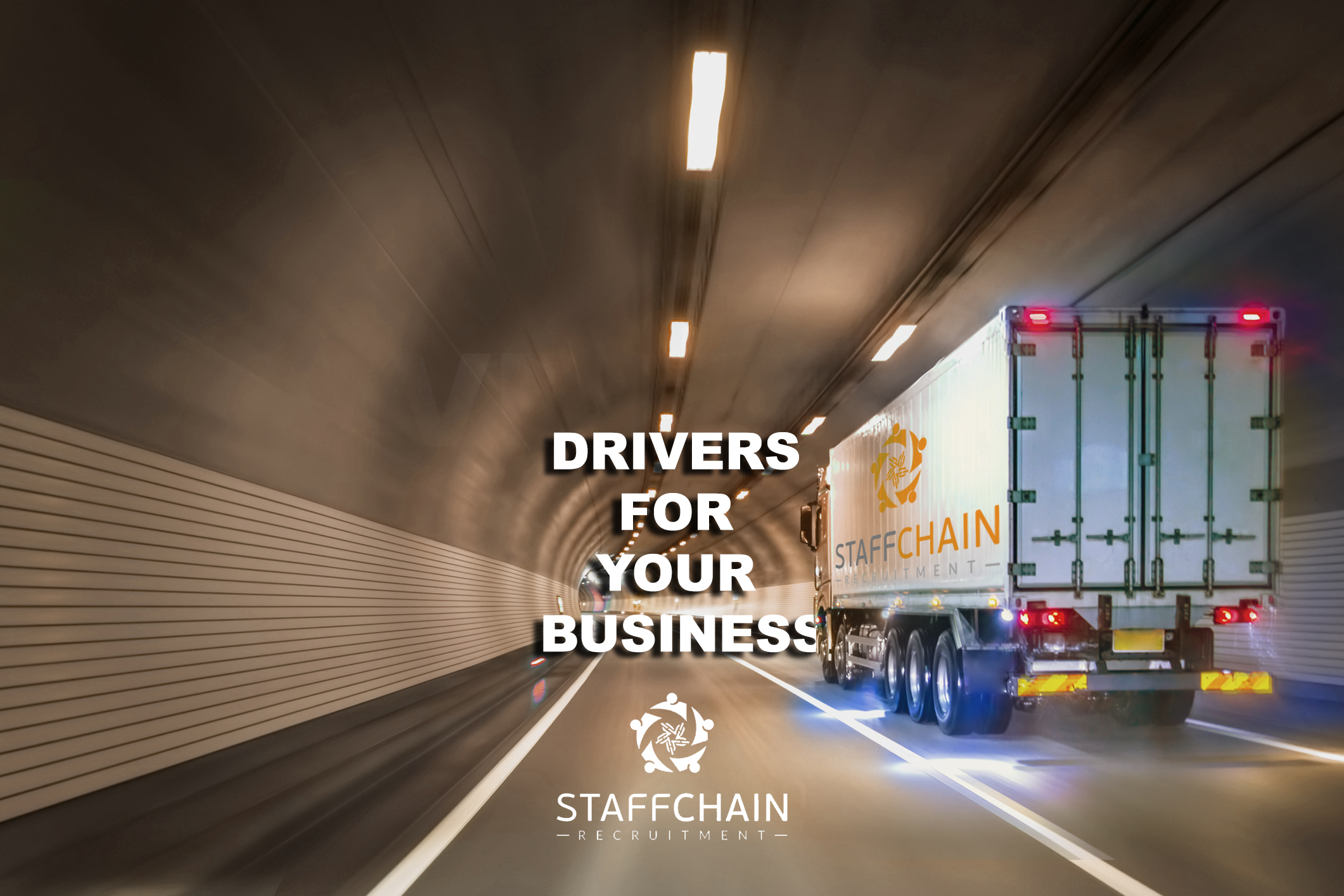 Truck driving through a tunnel with business text overlay.