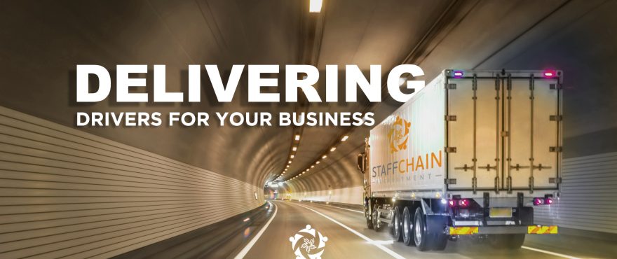 Truck delivering goods in a tunnel with Staffchain branding.