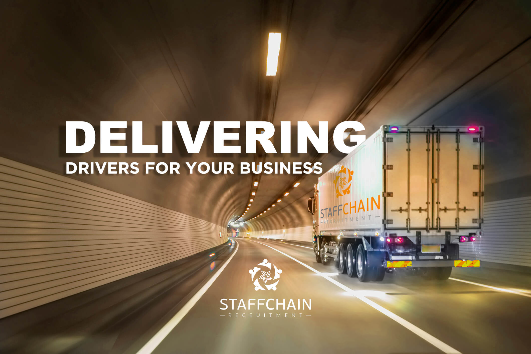 Truck delivering goods in a tunnel with Staffchain branding.