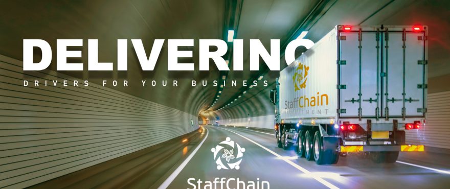 Truck driving through a tunnel with a business recruitment ad overlay.