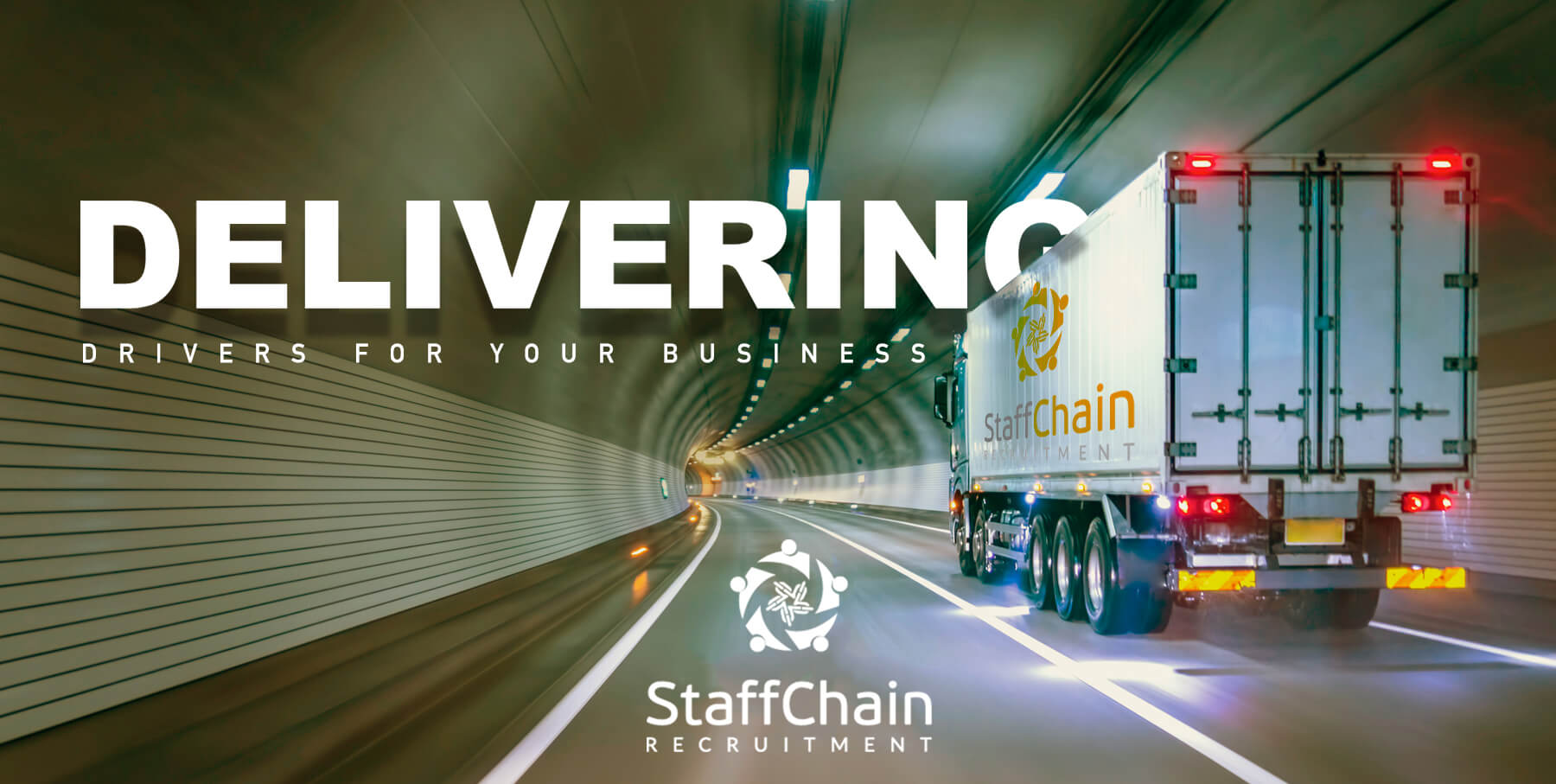 Truck driving through a tunnel with a business recruitment ad overlay.