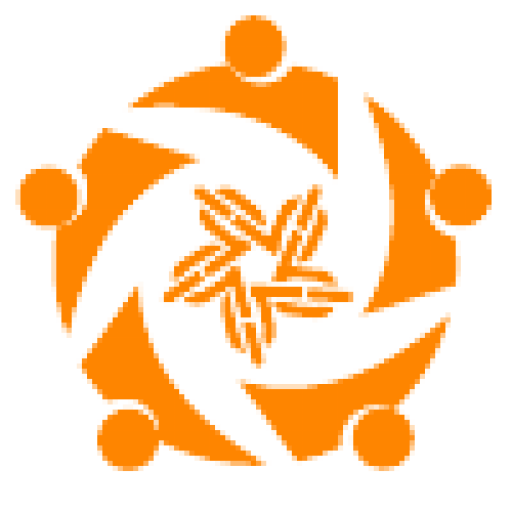 Orange logo with five people figures around a central star shape.