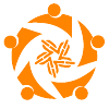 An abstract, circular orange logo with four human figures and a central star element.