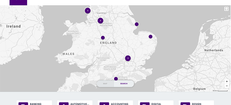 Map showing locations with purple dots and a navigation bar at the bottom.