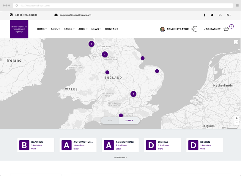 Map showing locations with purple dots and a navigation bar at the bottom.