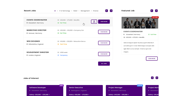 Screenshot of a job search results page with filters and job listings.